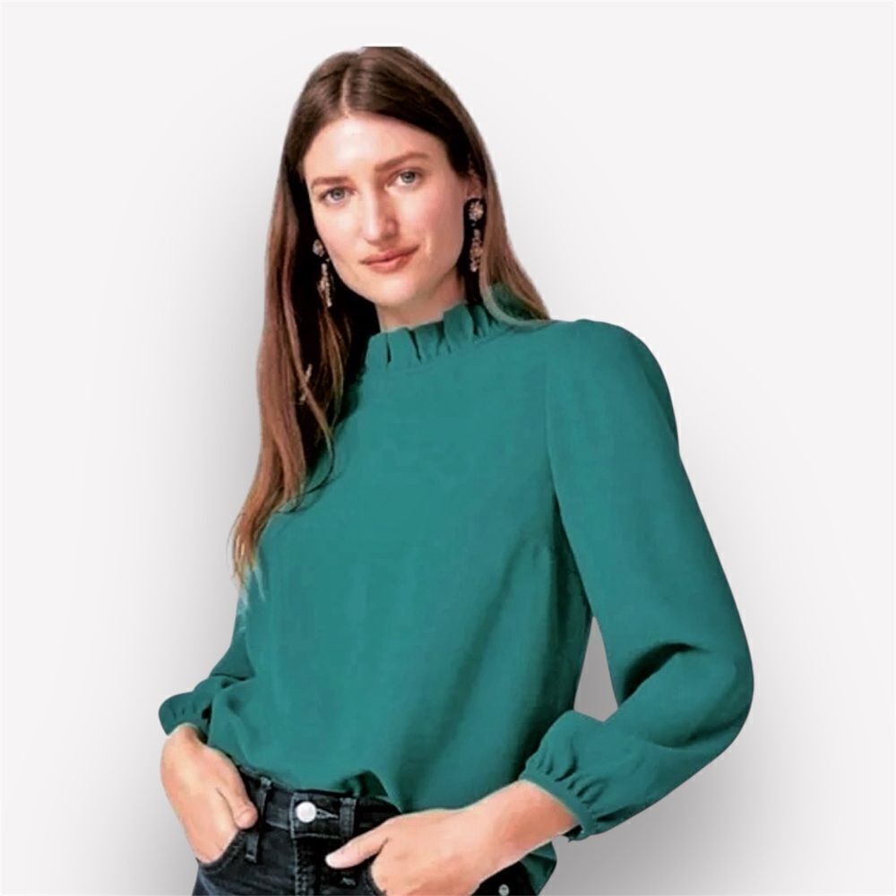 J. Crew Ruffle Blouse Dark Green Golden Buttons Small Academia Chic